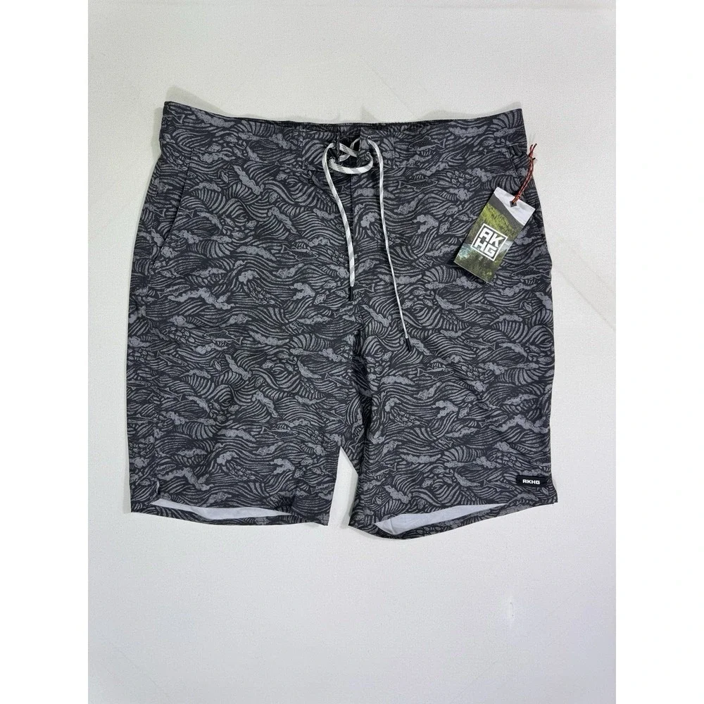 Duluth Alaskan Hardgear Lost Lake Fish Print Gray Board Shorts Men's 36x11 NWT